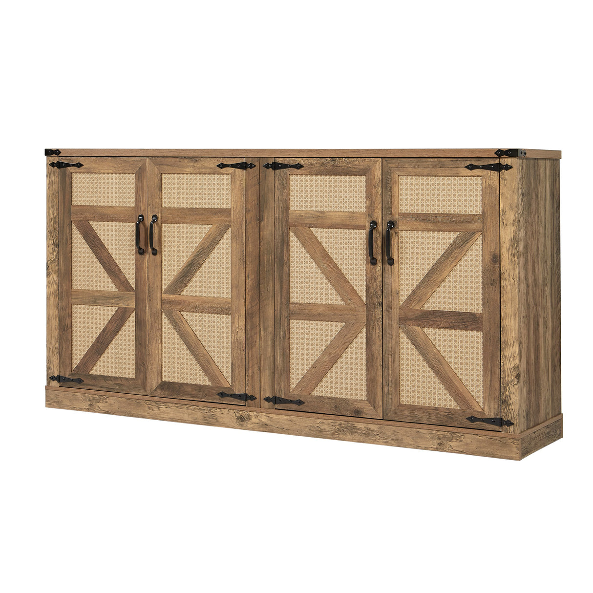 65-Inch Rustic Oak Color Faux Rattan Sideboard, Barn Door Rustic Style Sideboard, Living Room, Entryway, Bedroom - V.I.P Digital Presence