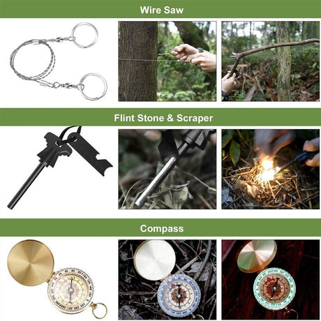Military-grade outdoor travel survival kit with mini camping tools, emergency bracelet, whistle, blanket and knife. - V.I.P Digital Presence