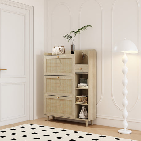 Natural Bohemian style shoe cabinet with 3 rattan flip drawers, 3 square shelves, and 1 storage drawer,  Natural - V.I.P Digital Presence