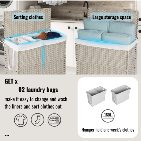 Laundry Hamper With Lid PE Rattan Powder Coating Frame Clothes Hampers with 02 Removable Bags, Wheels, 160L, Grey Color - V.I.P Digital Presence
