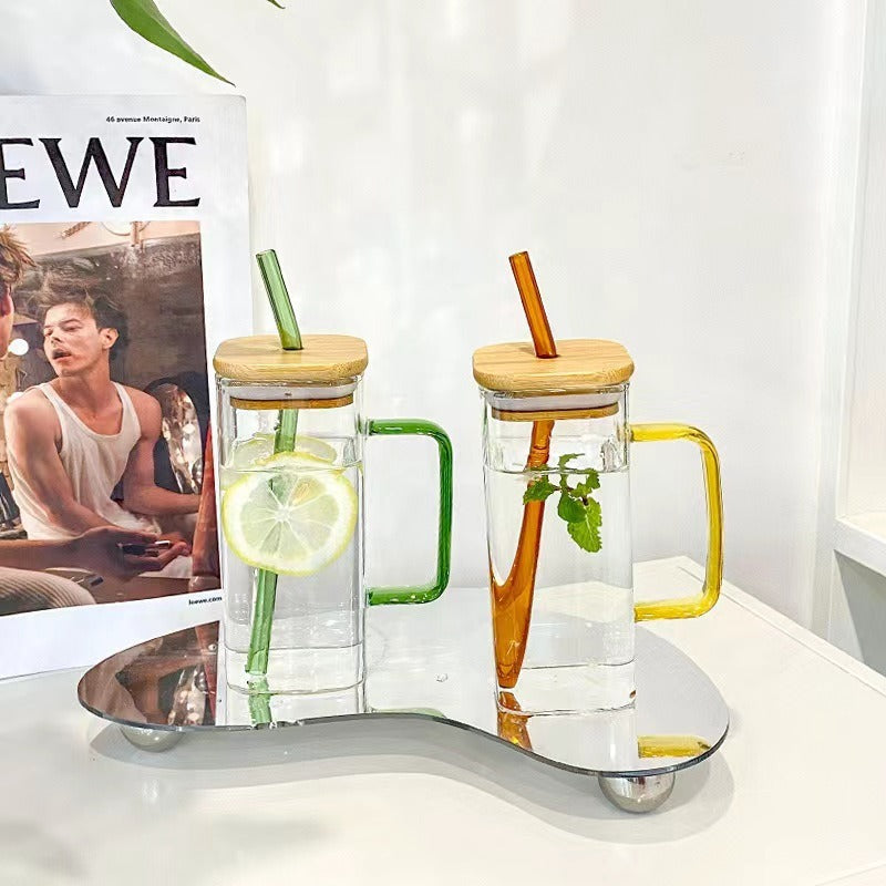 Square colored handle cup glass straw cup with lid milk tea cup with large capacity - V.I.P Digital Presence
