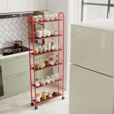 Red 6-story rolling cart gap kitchen ultra-thin sliding out storage tower shelf with wheels, 6 baskets - V.I.P Digital Presence