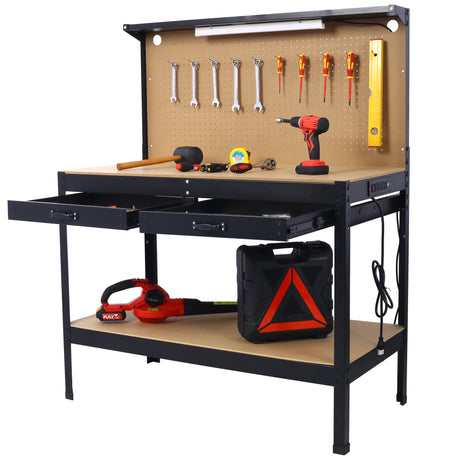 Steel Workbench Tool Storage Work Bench Workshop Tools Table W/Drawer and Peg Board ,4xAC outlets 2xUSB Ports - V.I.P Digital Presence