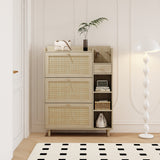 Natural Bohemian style shoe cabinet with 3 rattan flip drawers, 3 square shelves, and 1 storage drawer,  Natural - V.I.P Digital Presence