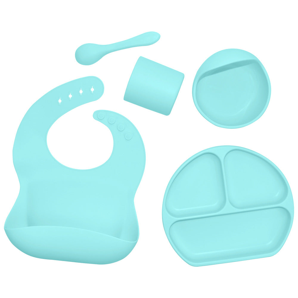 Juego de vajilla de silicona para niños, vajilla de alimentación complementaria para bebés, con bolsillo para saliva, ventosa, tazón, cuchara, plato de cena, babero, juego de 5 piezas
