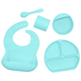 Juego de vajilla de silicona para niños, vajilla de alimentación complementaria para bebés, con bolsillo para saliva, ventosa, tazón, cuchara, plato de cena, babero, juego de 5 piezas