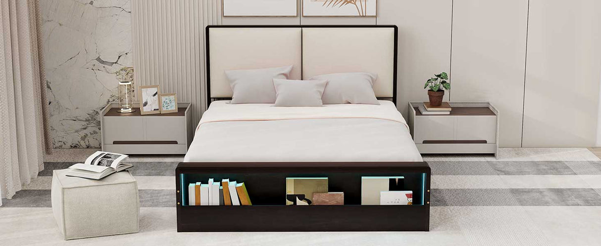 Queen Size Platform Bed Frame with Upholstery Headboard and Bookshelf in Footboard and LED Light Strips, Espresso - V.I.P Digital Presence