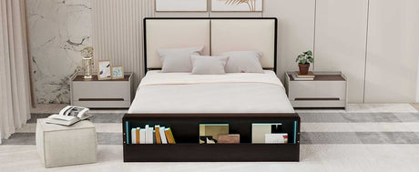 Queen Size Platform Bed Frame with Upholstery Headboard and Bookshelf in Footboard and LED Light Strips, Espresso - V.I.P Digital Presence