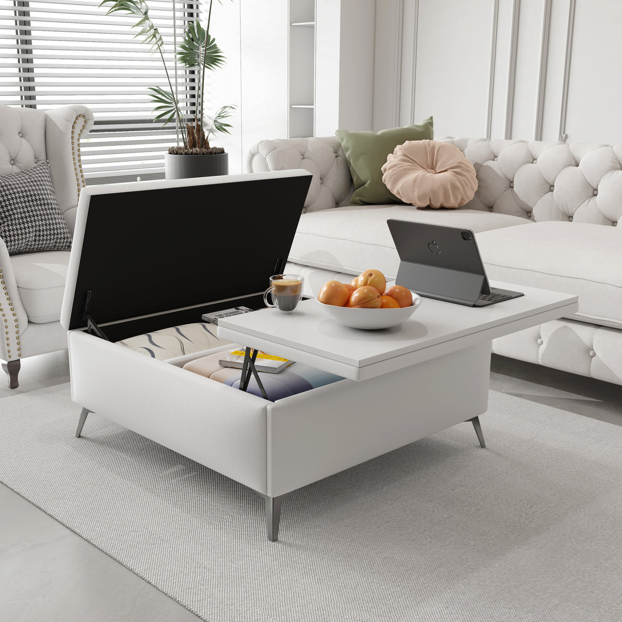 35 inch Wide Square storage benches Coffee Table with Lift Top Oversized Storage Ottoman in Upholstered for Living Room - V.I.P Digital Presence