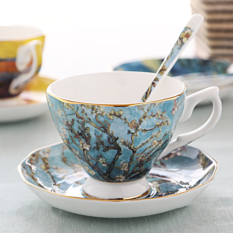 British Luxe Saucer and Spoon Afternoon Tea Cup with Van Gogh Oil Painting Design, Bone China Coffee Cup, Creative Souvenir Ceramic Mug - V.I.P Digital Presence