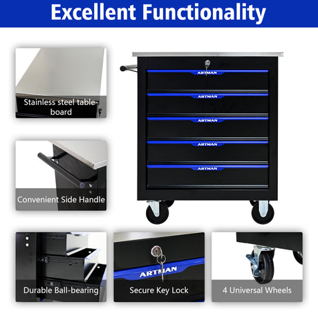 5 DRAWERS MULTIFUNCTIONAL TOOL CART WITH WHEELS-BLACK+BLUE - V.I.P Digital Presence