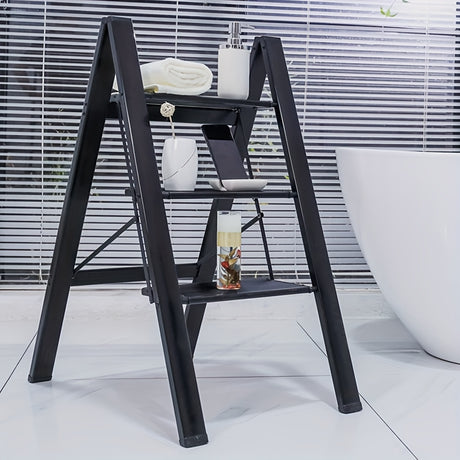 3 Step Ladder Aluminum Light Folding Step Bench Wide Non slip Pedal 300 lb Capacity Home Office Portable Ladder black - V.I.P Digital Presence