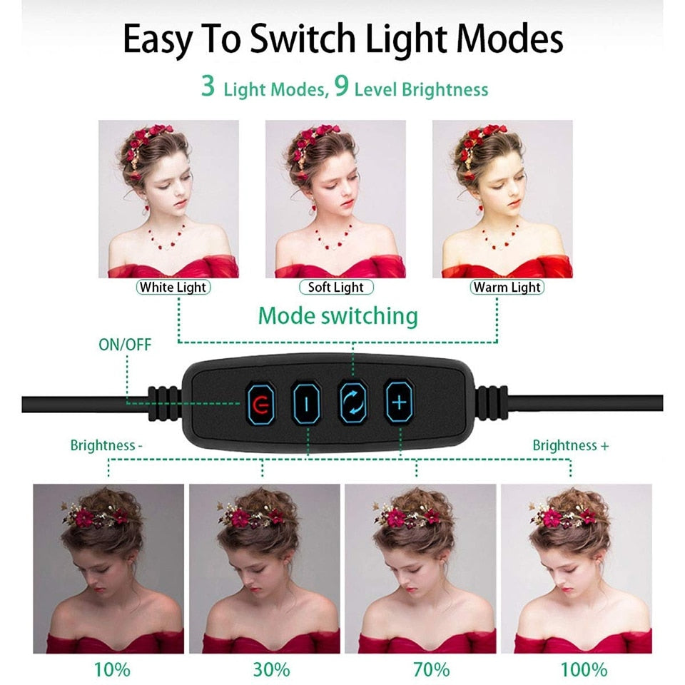 Video Youtube Lámpara de luz de anillo de relleno Live COOK 26CM Fotografía Iluminación Teléfono Anillo de luz Trípode Soporte Foto Led Selfie Bluetooth