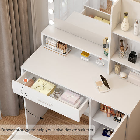 Large drawer with mirror and light, three-layer storage vanity, adjustable brightness for 3 lighting modes (white with stool) - V.I.P Digital Presence