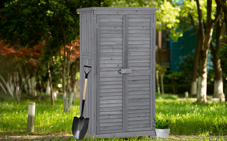 Wooden Garden Shed 3-tier Patio Storage Cabinet Outdoor Organizer Wooden Lockers with Fir Wood (Gray Wood Color -Shutter Design) - V.I.P Digital Presence