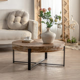 31.29"Modern Retro Splicing Round Coffee Table  Fir Wood Table Top with Cross Legs Metal Base(Same SKU:W757123560)