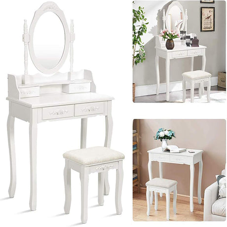 Vanity Table Set with 4 Drawer, Makeup Dressing Table w/Cushioned Stool, Girls Women Bedroom Furniture Set Oval Mirror - V.I.P Digital Presence