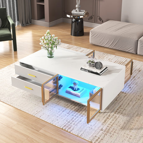 Modern White Coffee Table with 2 Glass Door Storage, 4 Drawers, Gold Metal Legs, and Multi-Color Lighting in 47.2' - V.I.P Digital Presence