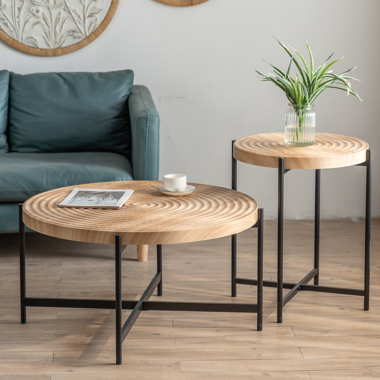 33"Modern Thread Design Round Coffee Table MDF Table Top with Cross Legs Metal Base