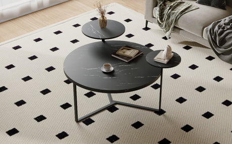 Modern coffee table with two display shelves, Black Faux marble surfaces, Tripod-inspired base,Rounded tabletop edges - V.I.P Digital Presence