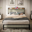 Queen Size Bed Frame with Charging Station, Upholstered Headboard, Metal Platform, Grey - V.I.P Digital Presence