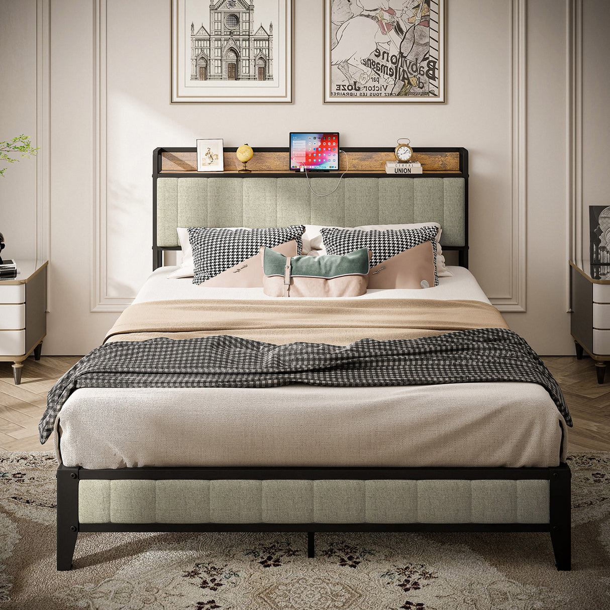 Queen Size Bed Frame with Charging Station, Upholstered Headboard, Metal Platform, Grey - V.I.P Digital Presence
