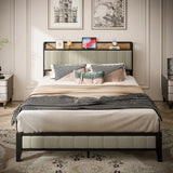 Queen Size Bed Frame with Charging Station, Upholstered Headboard, Metal Platform, Grey - V.I.P Digital Presence