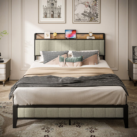 Queen Size Bed Frame with Charging Station, Upholstered Headboard, Metal Platform, Grey - V.I.P Digital Presence