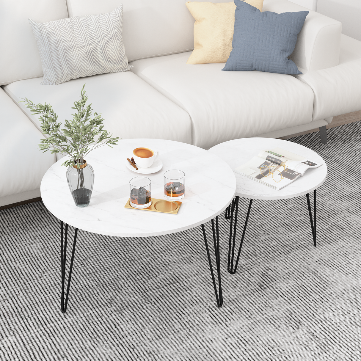 27.56'' Round Nesting Coffee Table Set of 2, Circular Nesting End Table Set Sturdy Metal Base for Living Room, bedroom, White - V.I.P Digital Presence