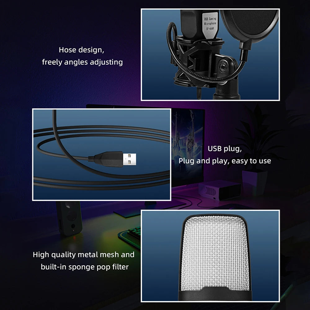 SF-666R condenser microphone RGB seven color luminous microphone with shock mount USB computer game - V.I.P Digital Presence