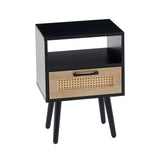 15.75" Rattan End table with drawer and solid wood legs Modern nightstand side table for living room black - V.I.P Digital Presence