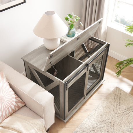 Farmhouse Dog Cage Crate Furniture with Sliding Barn Door, Farmhouse Wooden Dog Kennel End Table with Flip-top Plate Dog House - V.I.P Digital Presence