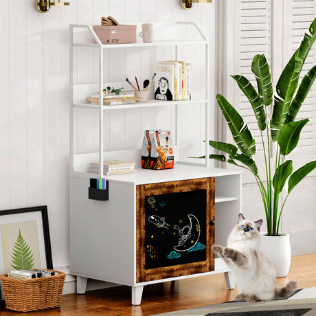 Graffiti with 2 storage racks and 1 door cat litter box shell, hidden cat litter box with rack shell furniture white - V.I.P Digital Presence