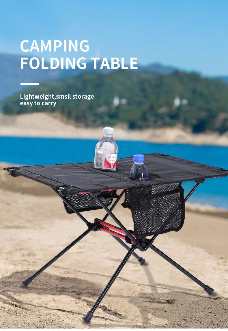 Mesa plegable ultraligera para acampar al aire libre, portátil, para barbacoa, picnic, con agujero para taza y bolsa para teléfono móvil, mesa pequeña