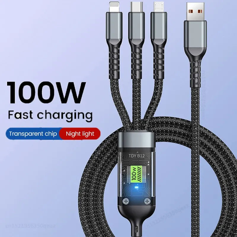 3 In 1 Usb 100w Cable For Fast Charging And Data Mini Usb Type C Micro ...