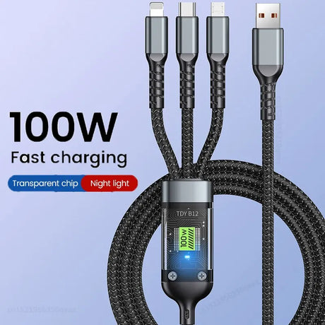 3 In 1 Usb 100w Cable For Fast Charging And Data Mini Usb Type C Micro Suitable For Iphone Android Xiaomi Huawei Oppo Charging - V.I.P Digital Presence