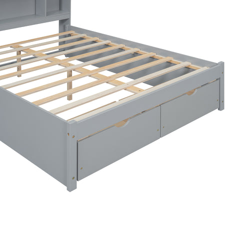 Full Size Platform Bed with Storage Headboard and 2 Drawers, Gray - V.I.P Digital Presence