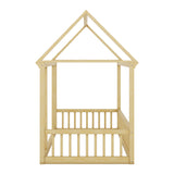 Twin Size Floor Wooden Bed with House Roof Frame and Safety Guardrails,Natural - V.I.P Digital Presence