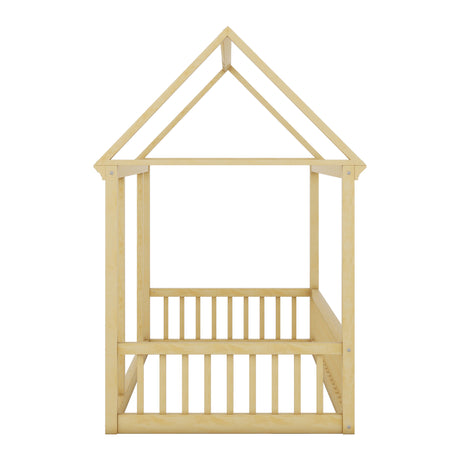 Twin Size Floor Wooden Bed with House Roof Frame and Safety Guardrails,Natural - V.I.P Digital Presence