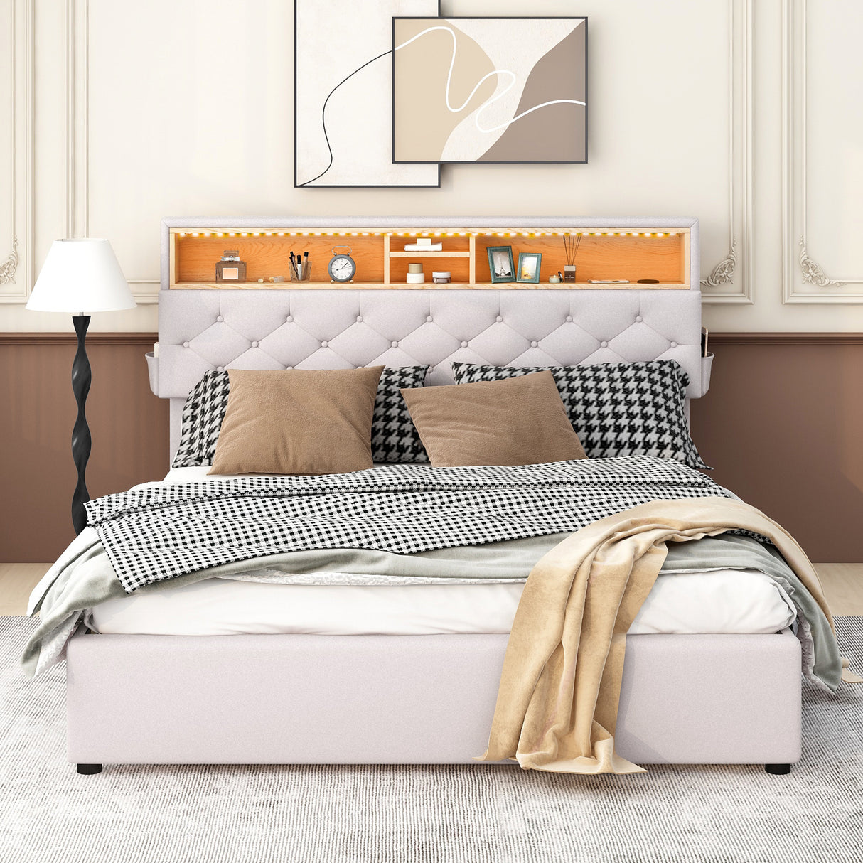 Queen Size Upholstered Platform Bed with Storage Headboard  LED  USB Charging and 2 Drawers  Beige