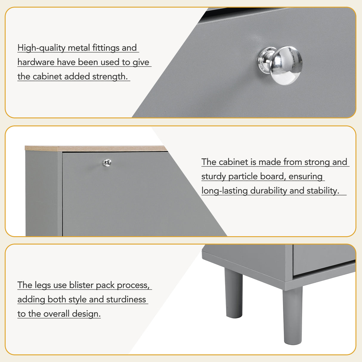 ON-TRANS narrow design shoe cabinet with 3 flip drawers and 3 independent shoe racks with 3 hooks, gray - V.I.P Digital Presence