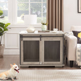 Farmhouse Dog Cage Crate Furniture with Sliding Barn Door, Farmhouse Wooden Dog Kennel End Table with Flip-top Plate Dog House - V.I.P Digital Presence