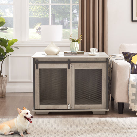 Farmhouse Dog Cage Crate Furniture with Sliding Barn Door, Farmhouse Wooden Dog Kennel End Table with Flip-top Plate Dog House - V.I.P Digital Presence