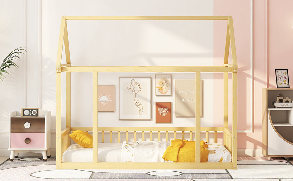Twin Size Floor Wooden Bed with House Roof Frame and Safety Guardrails,Natural - V.I.P Digital Presence