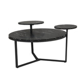 Modern coffee table with two display shelves, Black Faux marble surfaces, Tripod-inspired base,Rounded tabletop edges - V.I.P Digital Presence