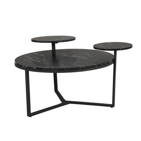 Modern coffee table with two display shelves, Black Faux marble surfaces, Tripod-inspired base,Rounded tabletop edges - V.I.P Digital Presence