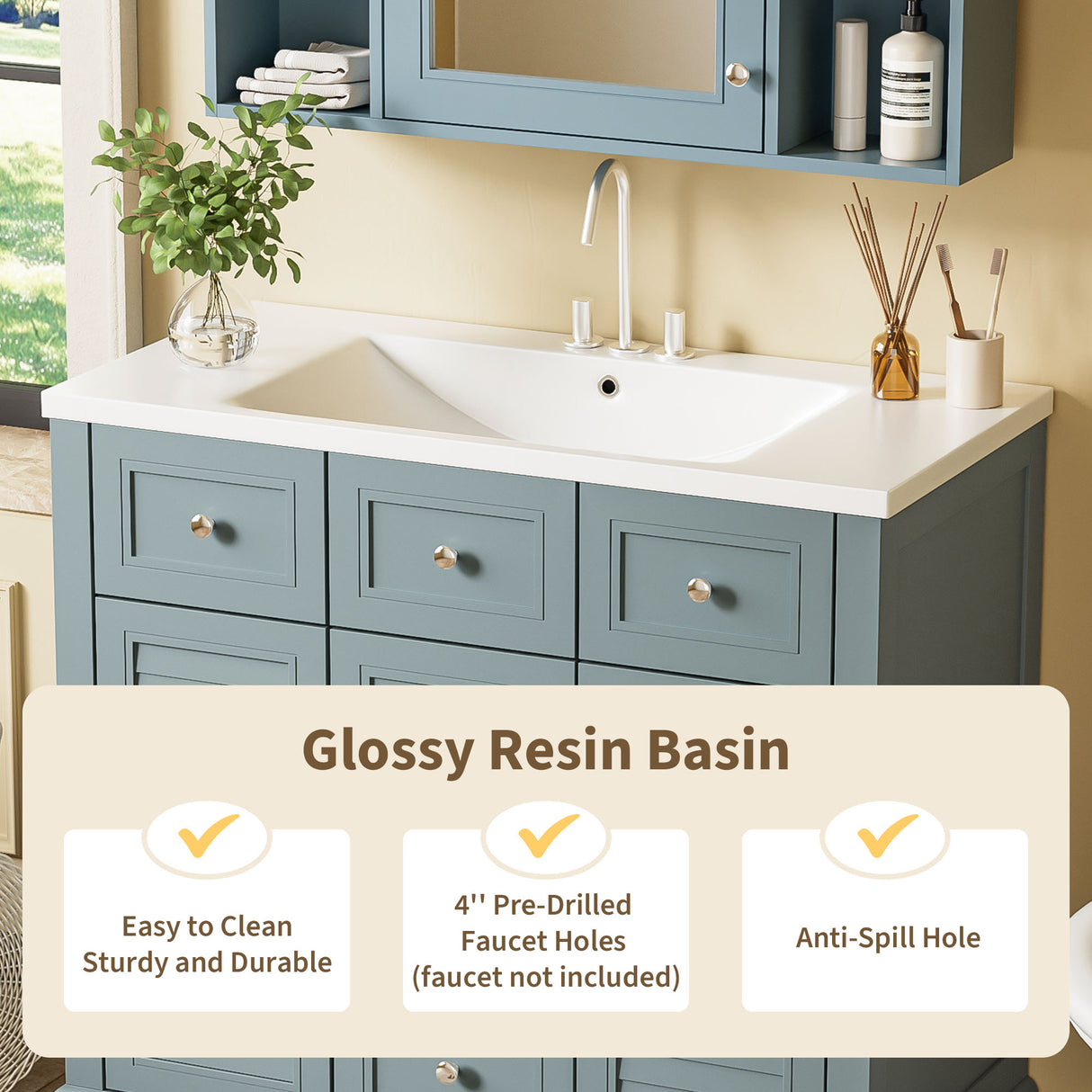 36 "bathroom makeup cabinet with resin sink combination and 2 drawers, with soft closing door, blue color - V.I.P Digital Presence