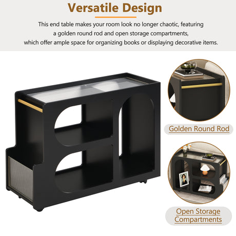 Stylish mobile desk with lockable wheels,bedside table with 5mm thick grooved tempered glass and gold round bars ，black - V.I.P Digital Presence