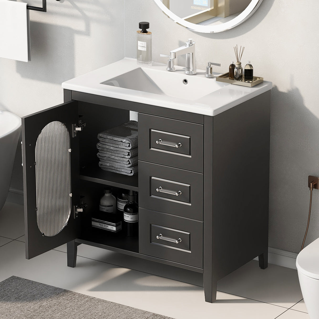 30" Bathroom Vanity with Sink, Bathroom Vanity Cabinet with Two Drawers and Door, Adjustable Shelf, Solid Wood and MDF, Black - V.I.P Digital Presence