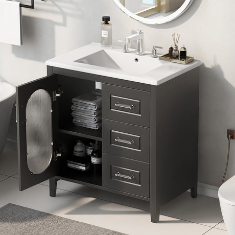 30" Bathroom Vanity with Sink, Bathroom Vanity Cabinet with Two Drawers and Door, Adjustable Shelf, Solid Wood and MDF, Black - V.I.P Digital Presence